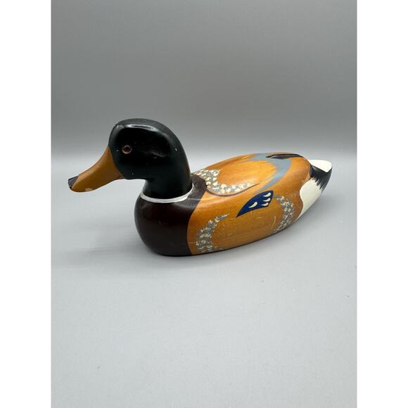 Wooden Duck Decoy Hand Painted Solid Wood Fowl Vintage Glass Eye Rustic - Picture 1 of 14